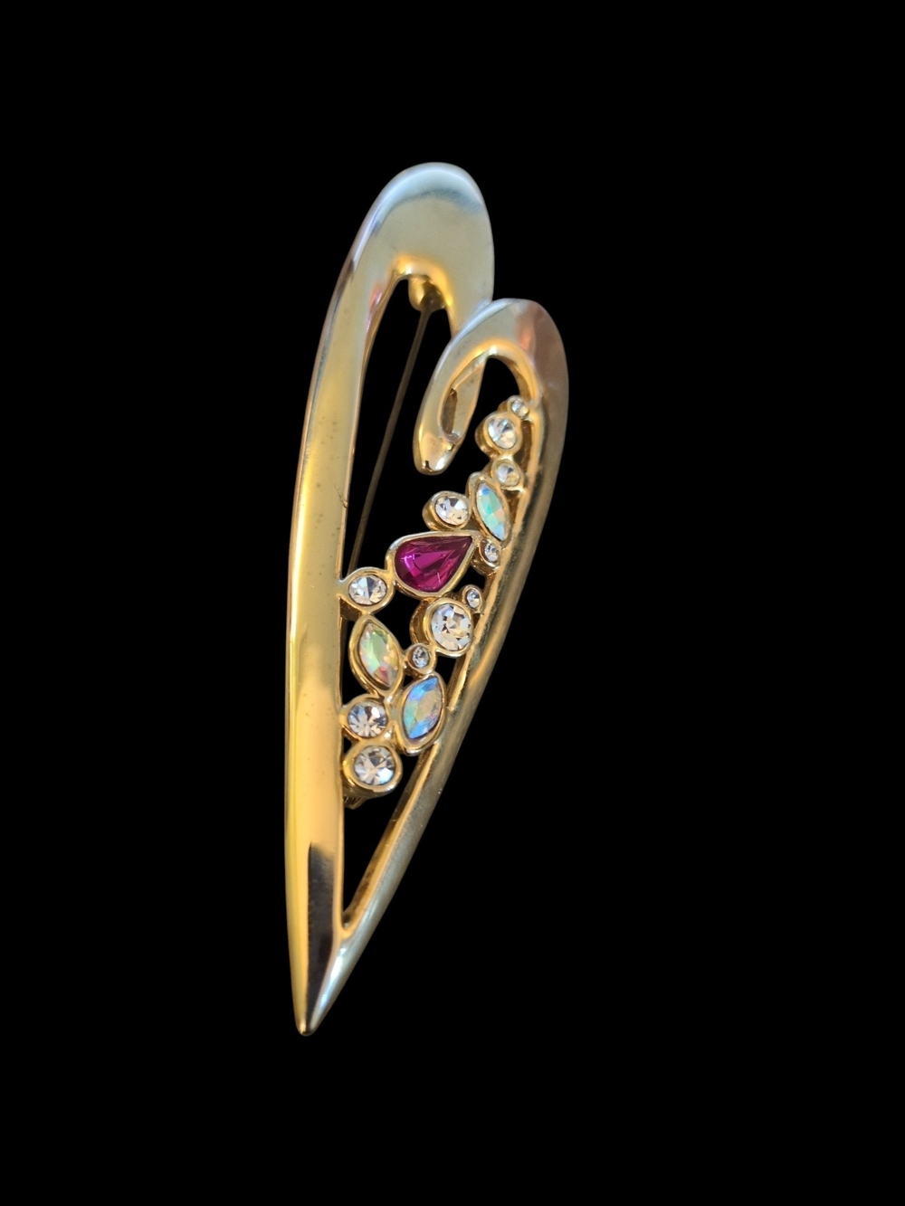 Gold-Tone Elongated Heart Brooch with Pink and Iridescent Stones